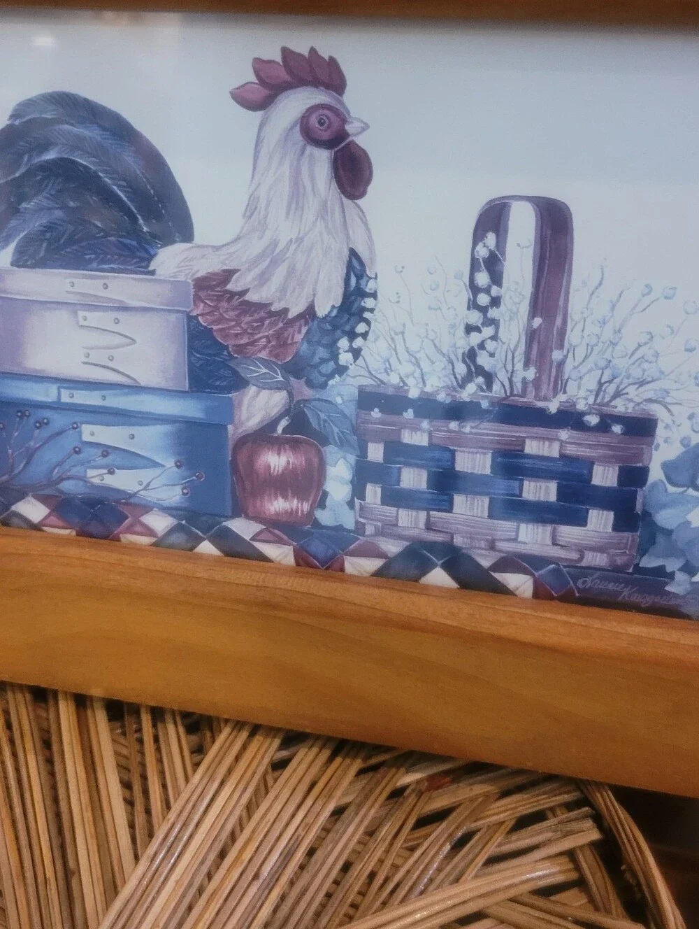 Laurie Korsgaden Country Rooster  VINTAGE Framed Print Art 12”x4.5” Wooden Frame